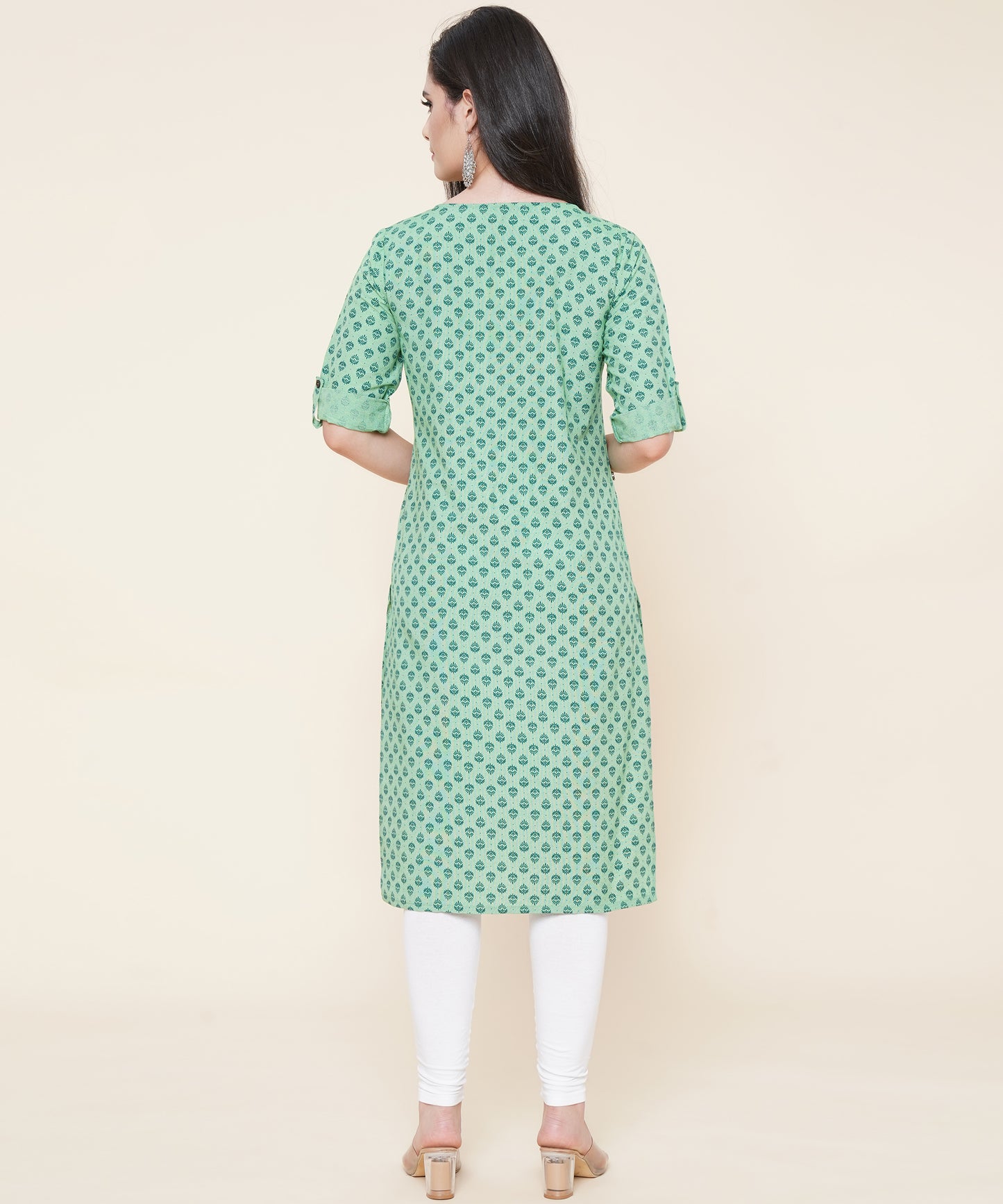 Cotton Printed Kurta Design with Tap Sleeve Button Style, Green
