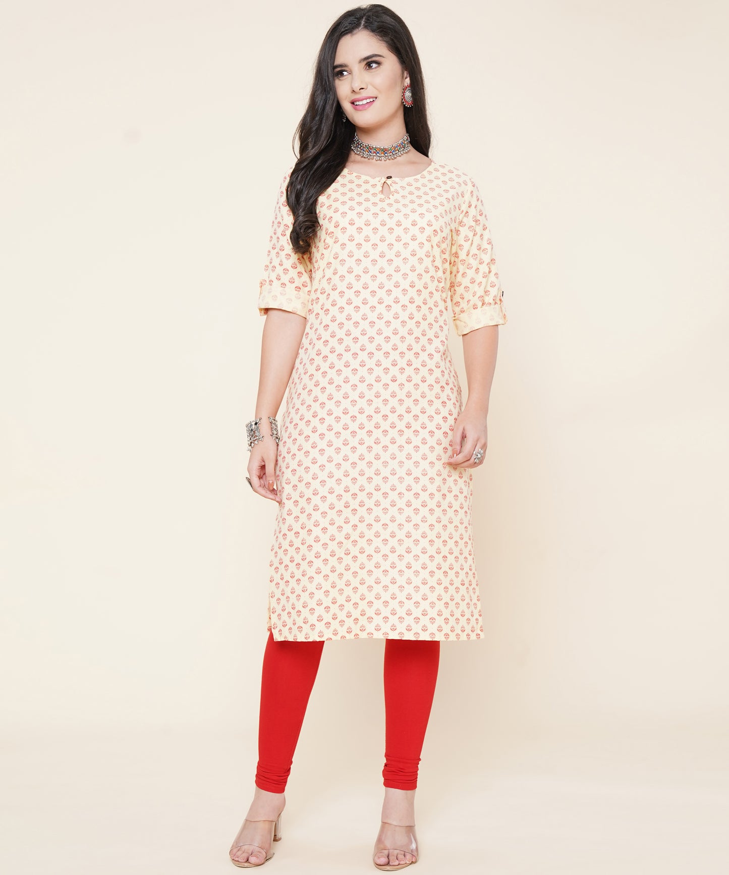 Cotton Printed Kurta Design with Tap Sleeve Button Style, Yellow