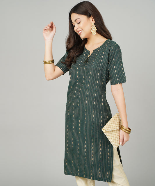 Cotton Dobby Woven Design V- Neck Elbow Sleeves Knee Length Kurta for Women's(Colour-Green)