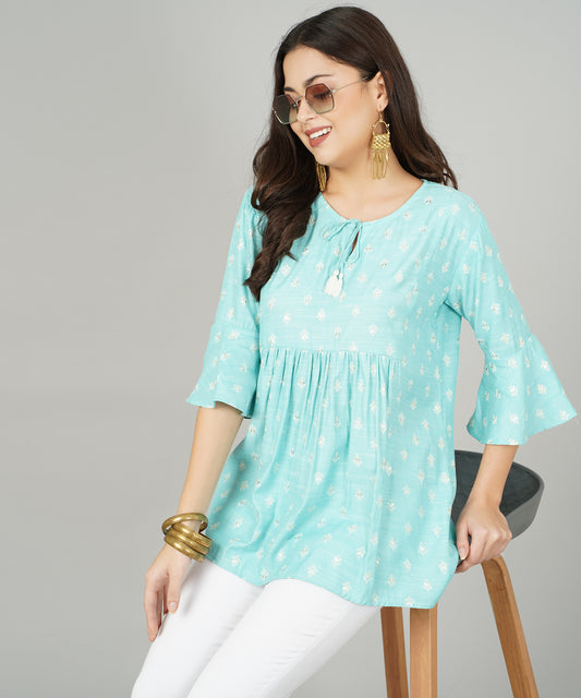 Foil Printed Pleated Cotton Kurti/Top for Girls/Women,Blue