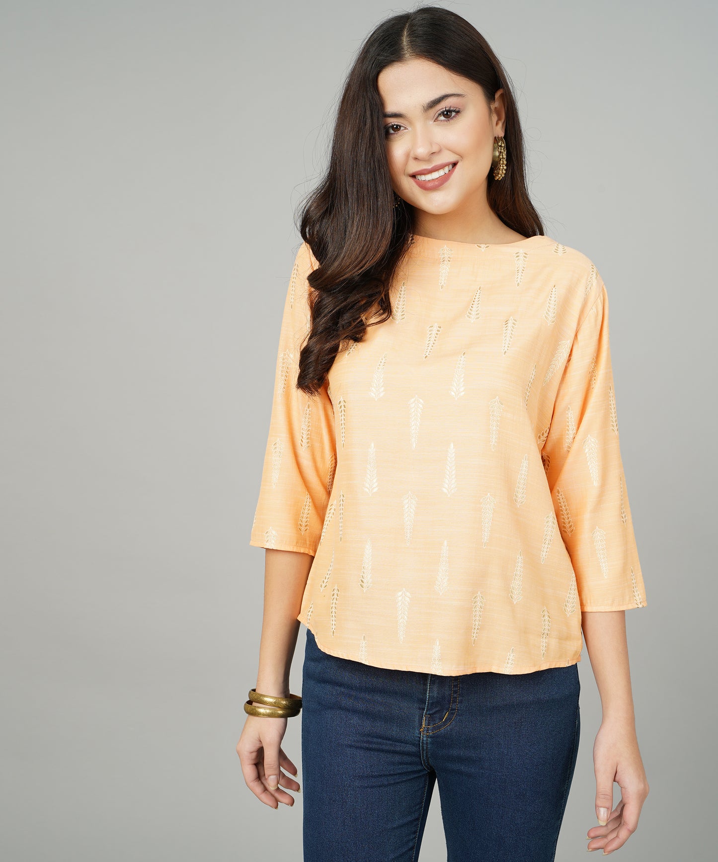 Anushil Foil Printed Orange Cotton Kurti/Top for Women/Girls - Stylish and Comfortable