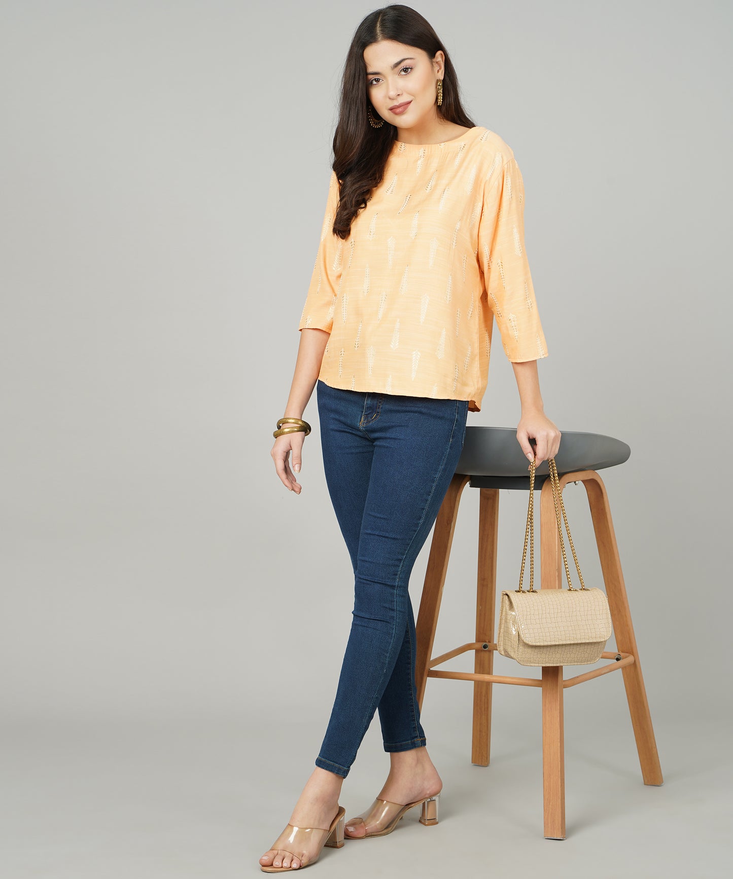 Anushil Foil Printed Orange Cotton Kurti/Top for Women/Girls - Stylish and Comfortable