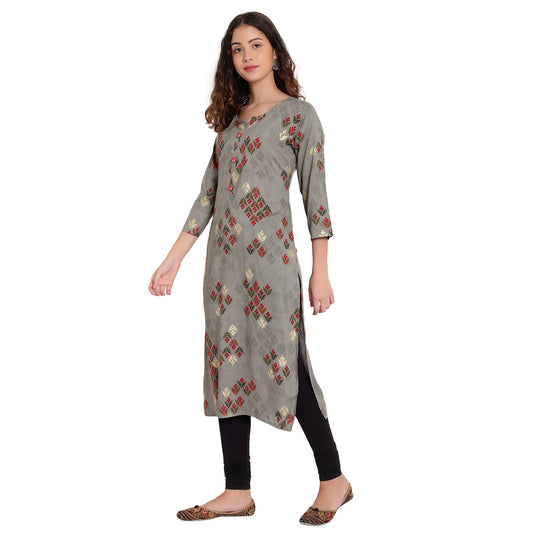 Cotton Rayon Kurta With Gold Printing,Grey A-506
