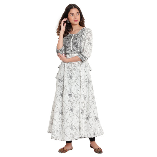 Cotton Kurti Anarkali Style With Embroidery, White A-502