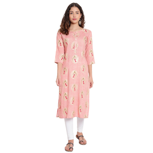 Cotton Rayon Printed Kurta, Pink A-505