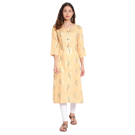 Cotton Rayon Printed Kurta, Yellow A-505