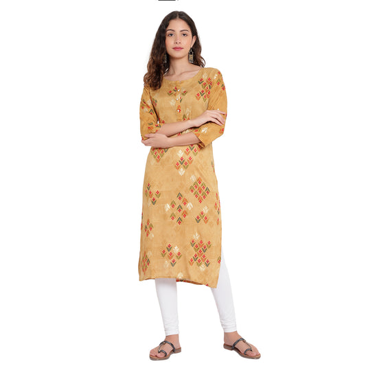 Cotton Rayon Printed Kurta With Gold Print, Yellow A-506