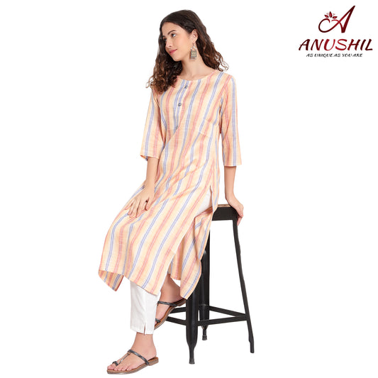 Cotton Rayon Stripe Pattern Kurta, Orange A-508