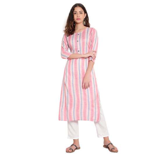 Cotton Rayon Stripe Pattern Kurta, Pink A-508