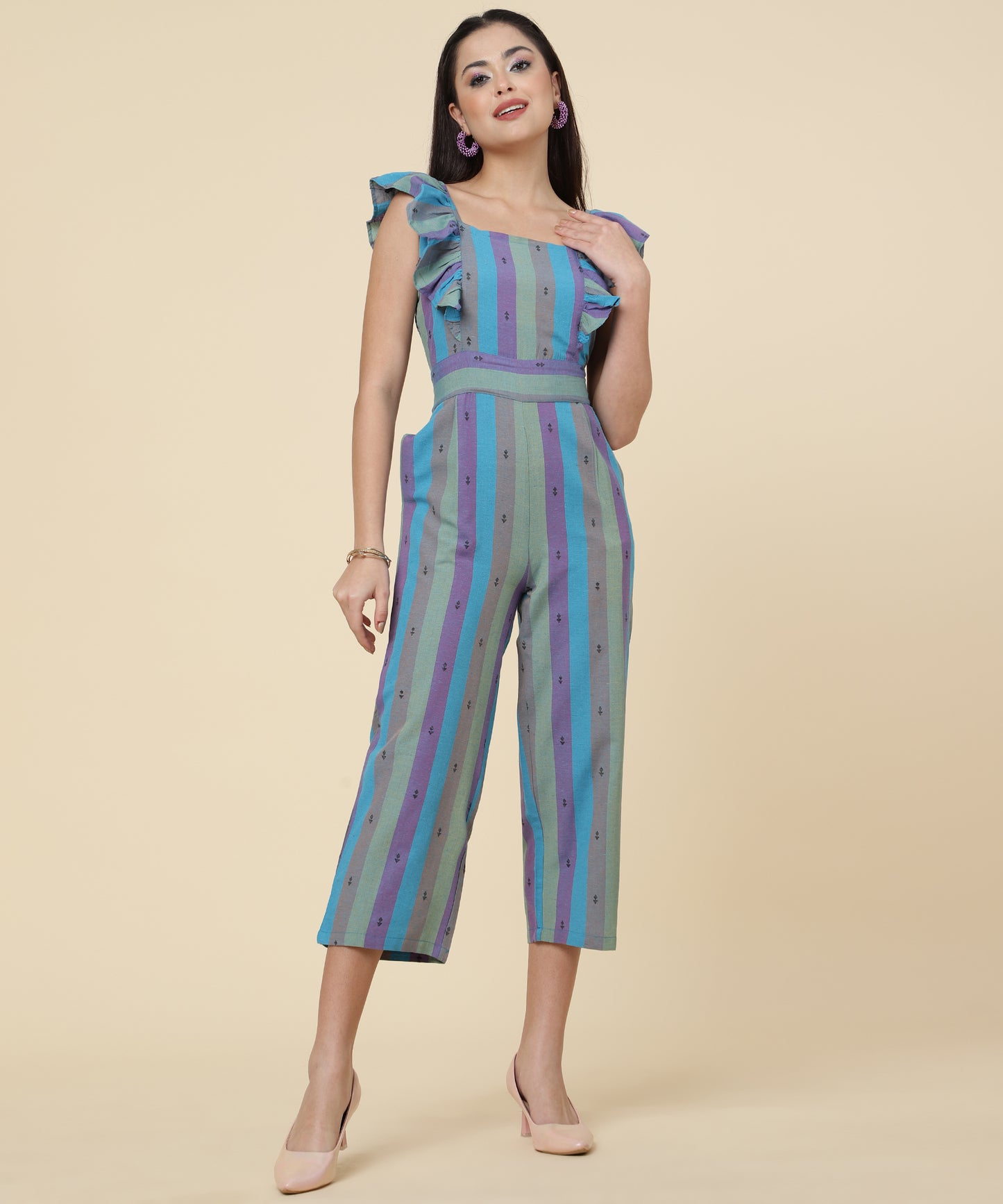 ANUSHIL Multicoloured Striped Jumpsuit for Women - Ruffle Sleeves, Ankle Length Jumsuit for Girls - Woven Cotton Fabric With Square Neck Style(Blue)