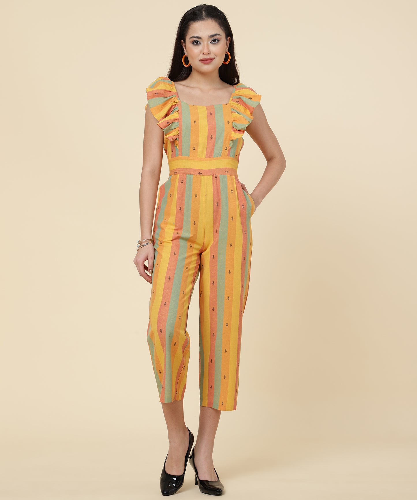ANUSHIL Multicoloured Striped Jumpsuit for Women - Ruffle Sleeves, Ankle Length Jumsuit for Girls - Woven Cotton Fabric With Square Neck Style(Yellow)