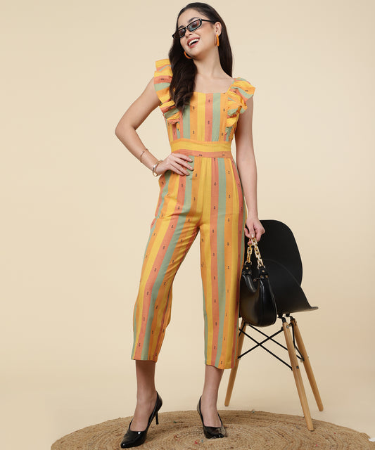 ANUSHIL Multicoloured Striped Jumpsuit for Women - Ruffle Sleeves, Ankle Length Jumsuit for Girls - Woven Cotton Fabric With Square Neck Style(Yellow)