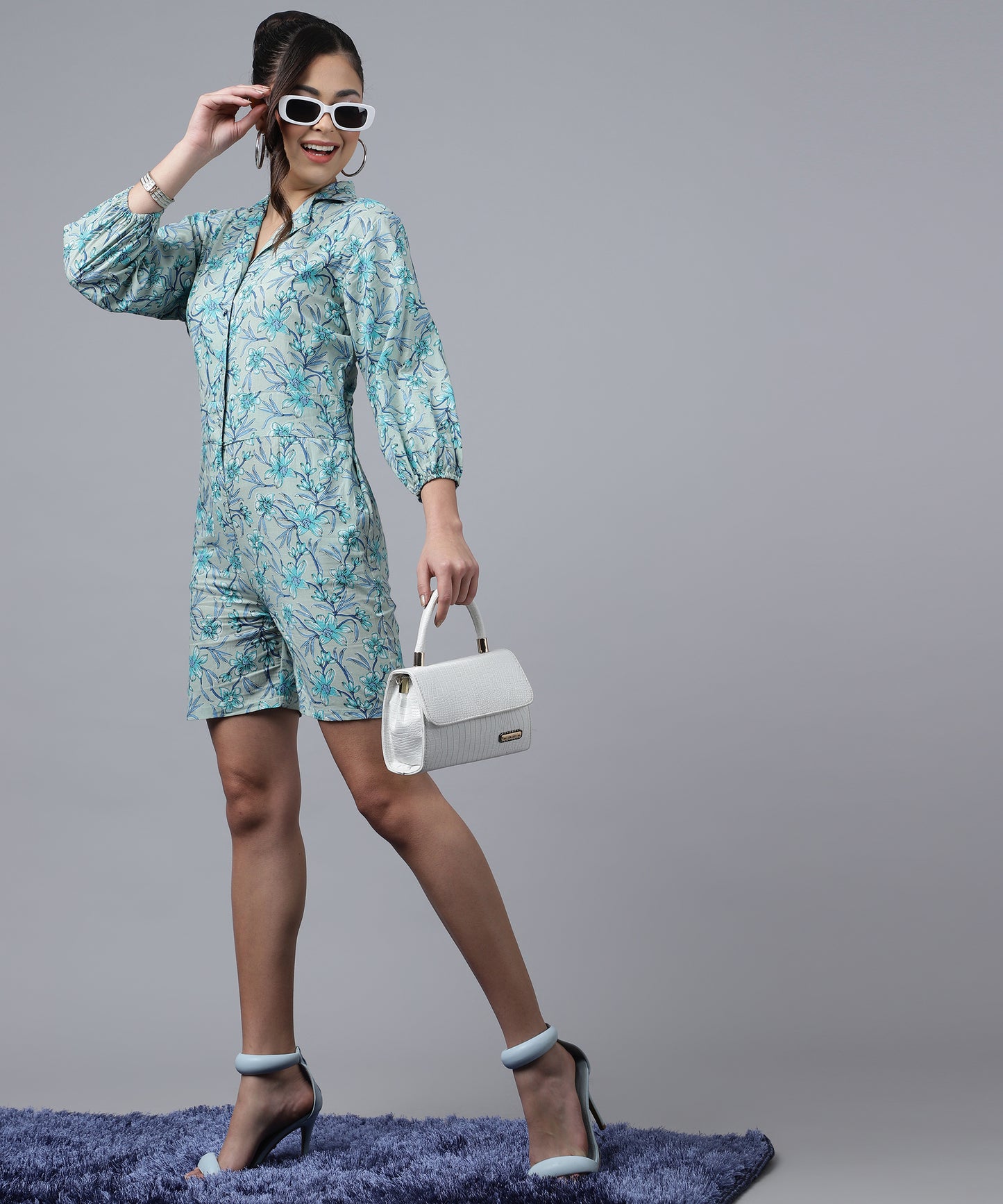 Feminine Cotton Jumpsuit For Women- Short Length Jumpsuit for Girls, V Neck with Button Style(Blue)