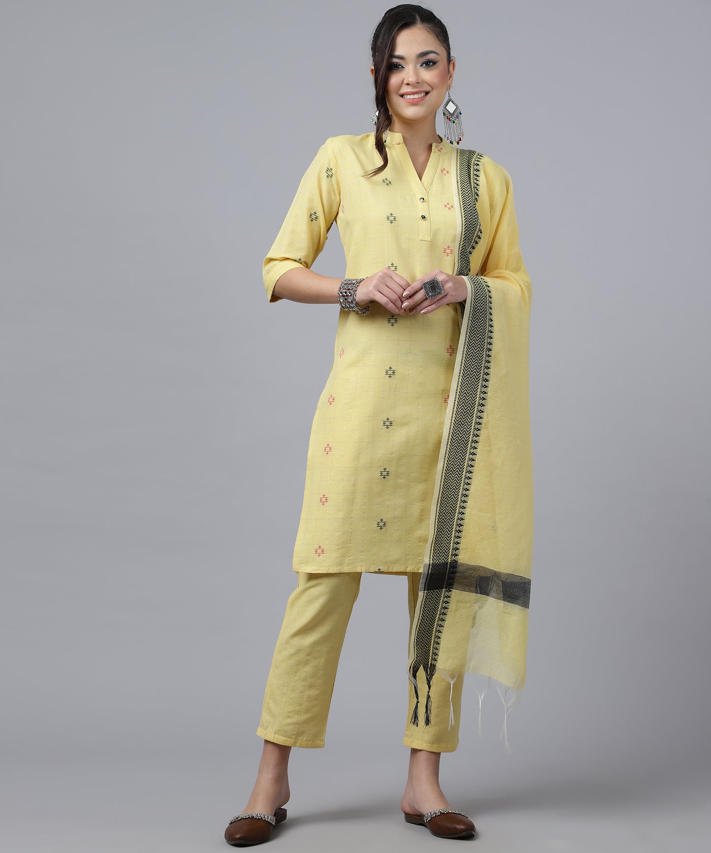 ANUSHIL Kurta Pant Set with Dupatta: Stunning V-Neck Lurex Checks and Embroidery, 3/4 Sleeves, Self-Design Pocket, Cotton Fabric(Yellow)