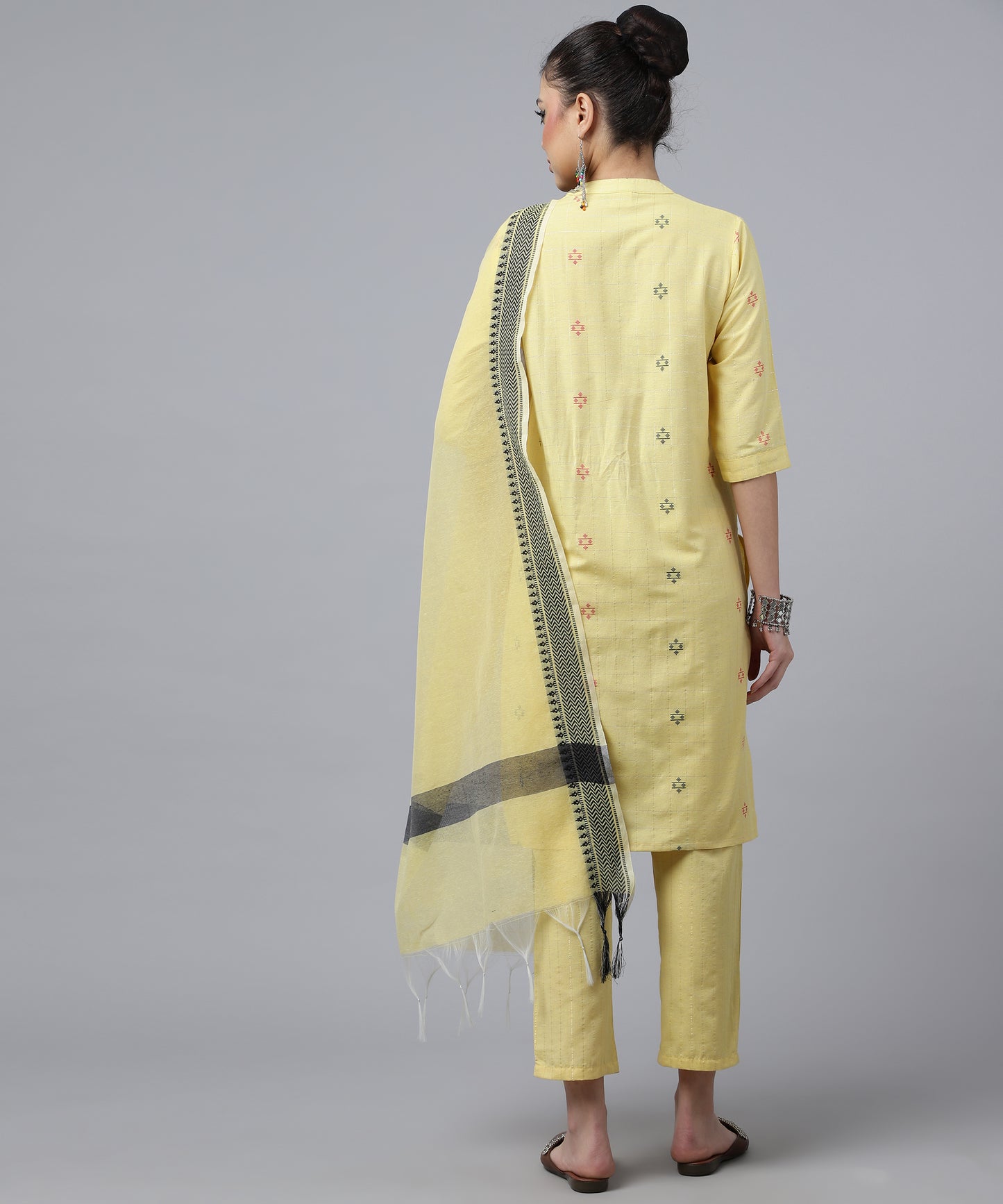 ANUSHIL Kurta Pant Set with Dupatta: Stunning V-Neck Lurex Checks and Embroidery, 3/4 Sleeves, Self-Design Pocket, Cotton Fabric(Yellow)