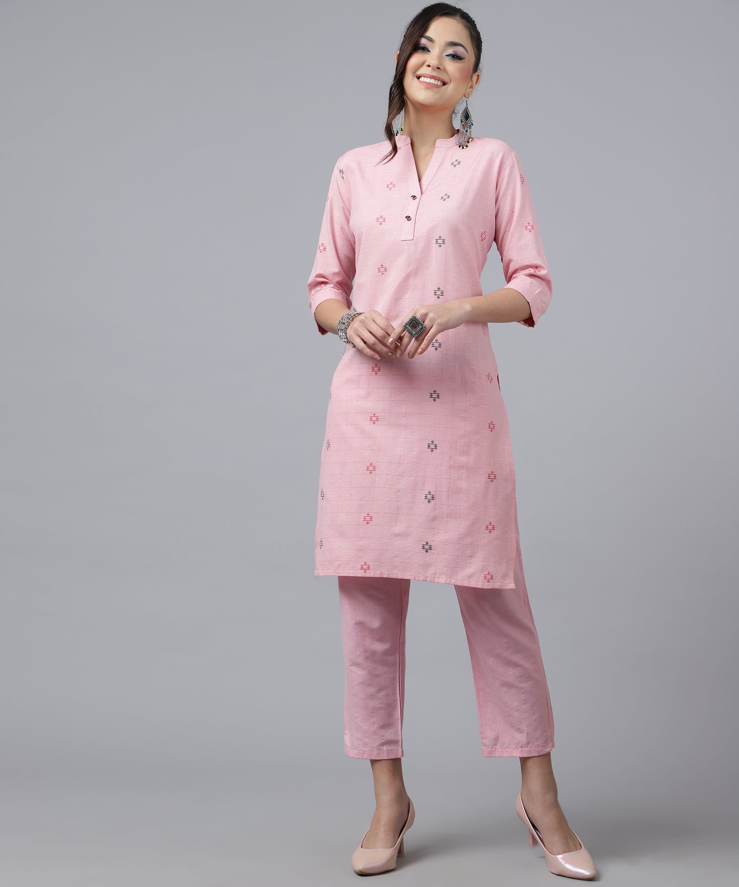 ANUSHIL Kurta Pant Set with Dupatta: Stunning V-Neck Lurex Checks and Embroidery, 3/4 Sleeves, Self-Design Pocket, Cotton Fabric(Pink)