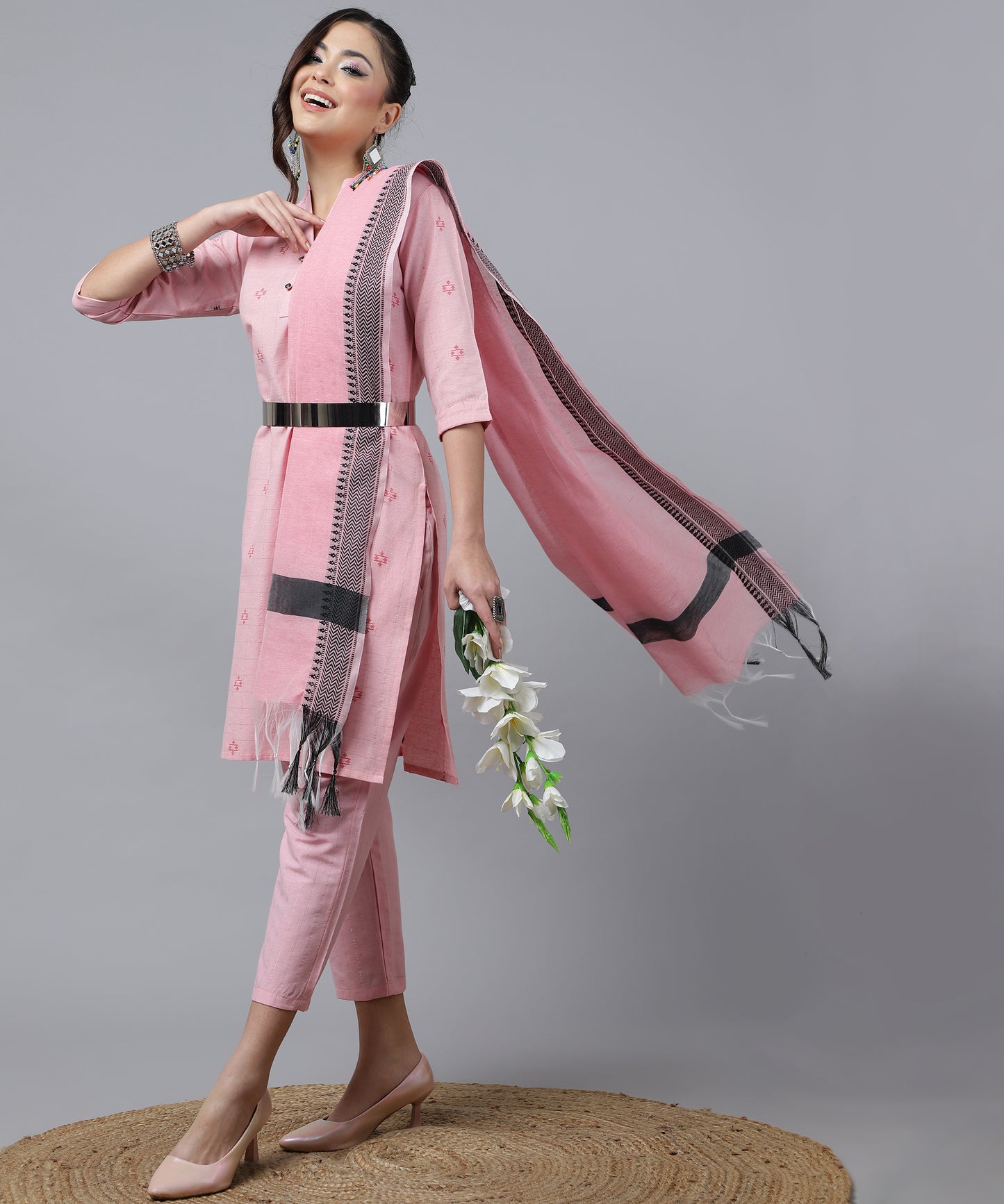 ANUSHIL Kurta Pant Set with Dupatta: Stunning V-Neck Lurex Checks and Embroidery, 3/4 Sleeves, Self-Design Pocket, Cotton Fabric(Pink)