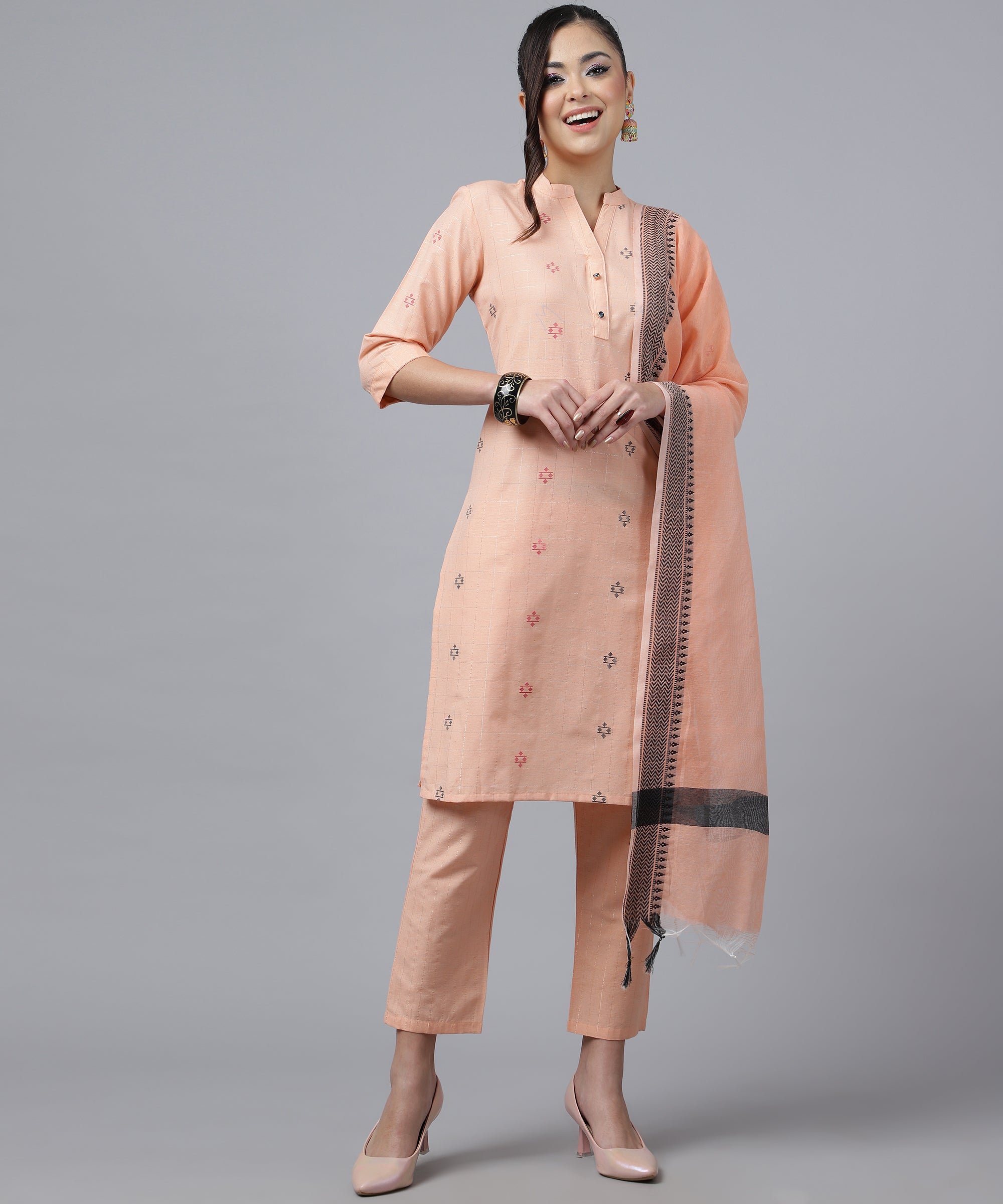 Block Printed Cotton Sub Straight Kurta in Light Peach : TJG1047