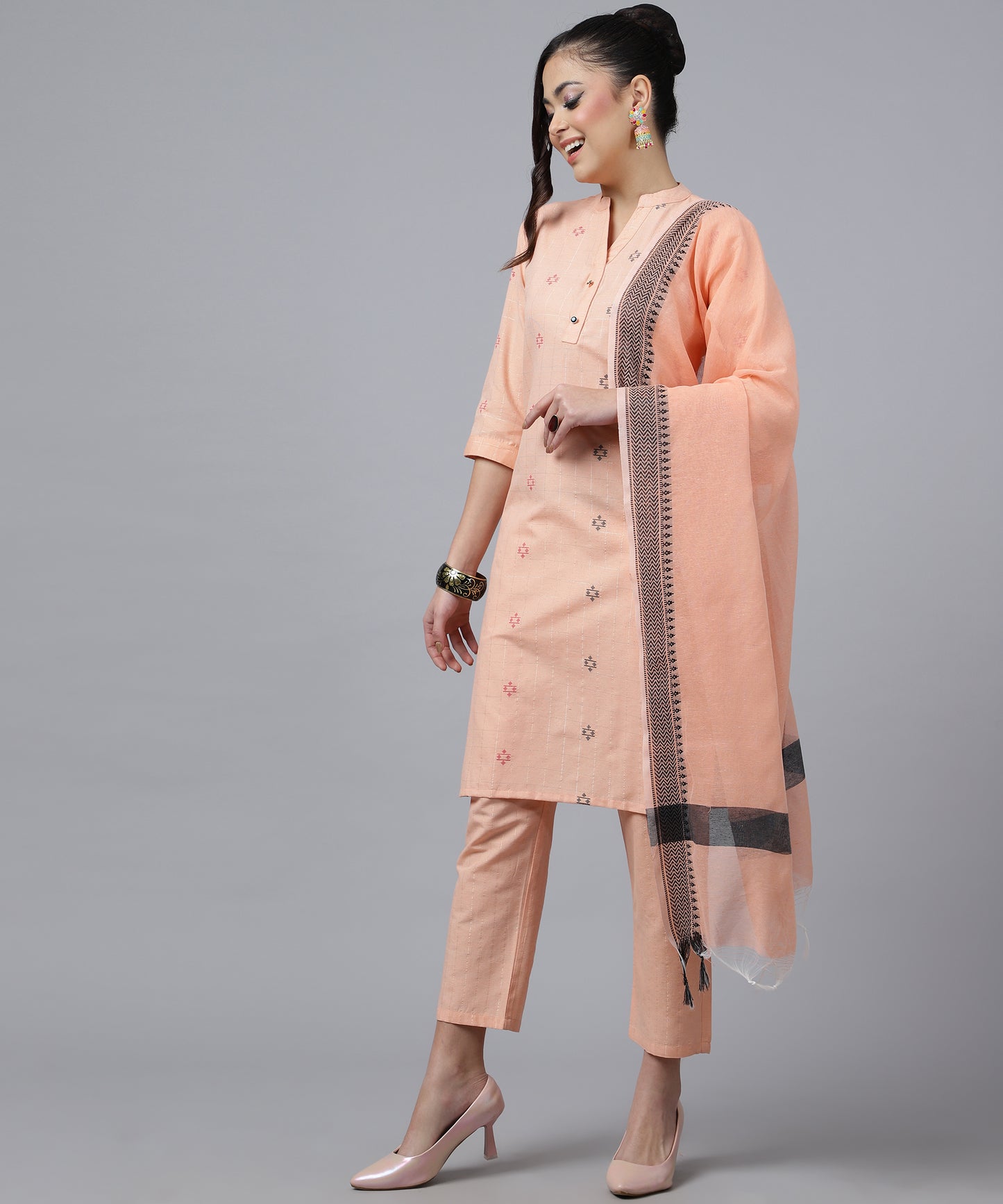 ANUSHIL Kurta Pant Set with Dupatta: Stunning V-Neck Lurex Checks and Embroidery, 3/4 Sleeves, Self-Design Pocket, Cotton Fabric(Peach)
