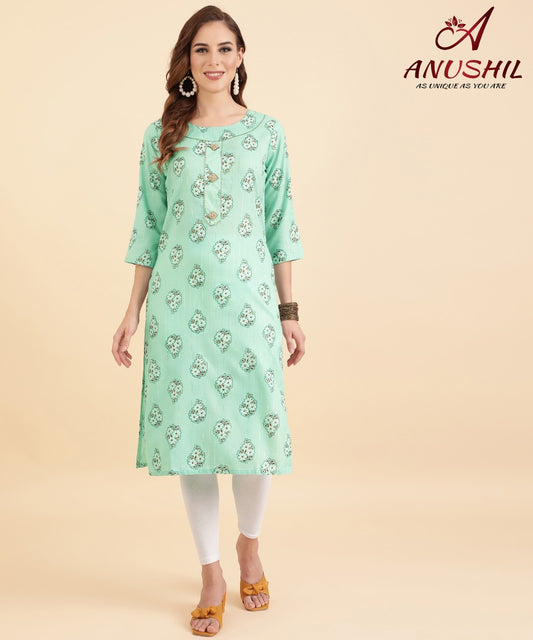 Cotton Lurex Printed Kurti With Gota Pati, Green A-501