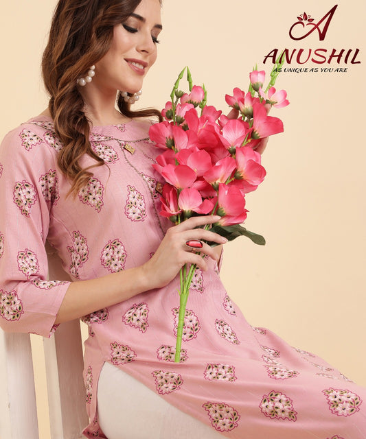 Cotton Lurex Printed Kurti With Gota Pati, Pink A-501