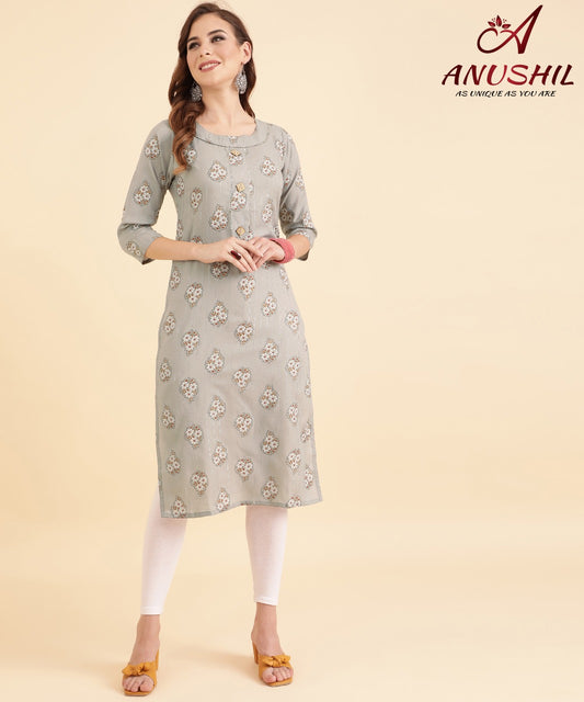 Cotton Lurex Printed Kurti With Gota Pati, Grey A-501